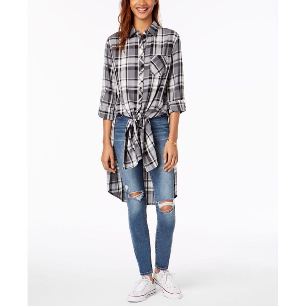 Ultra Flirt By Ikeddi Juniors Plaid Tie Front Tunic